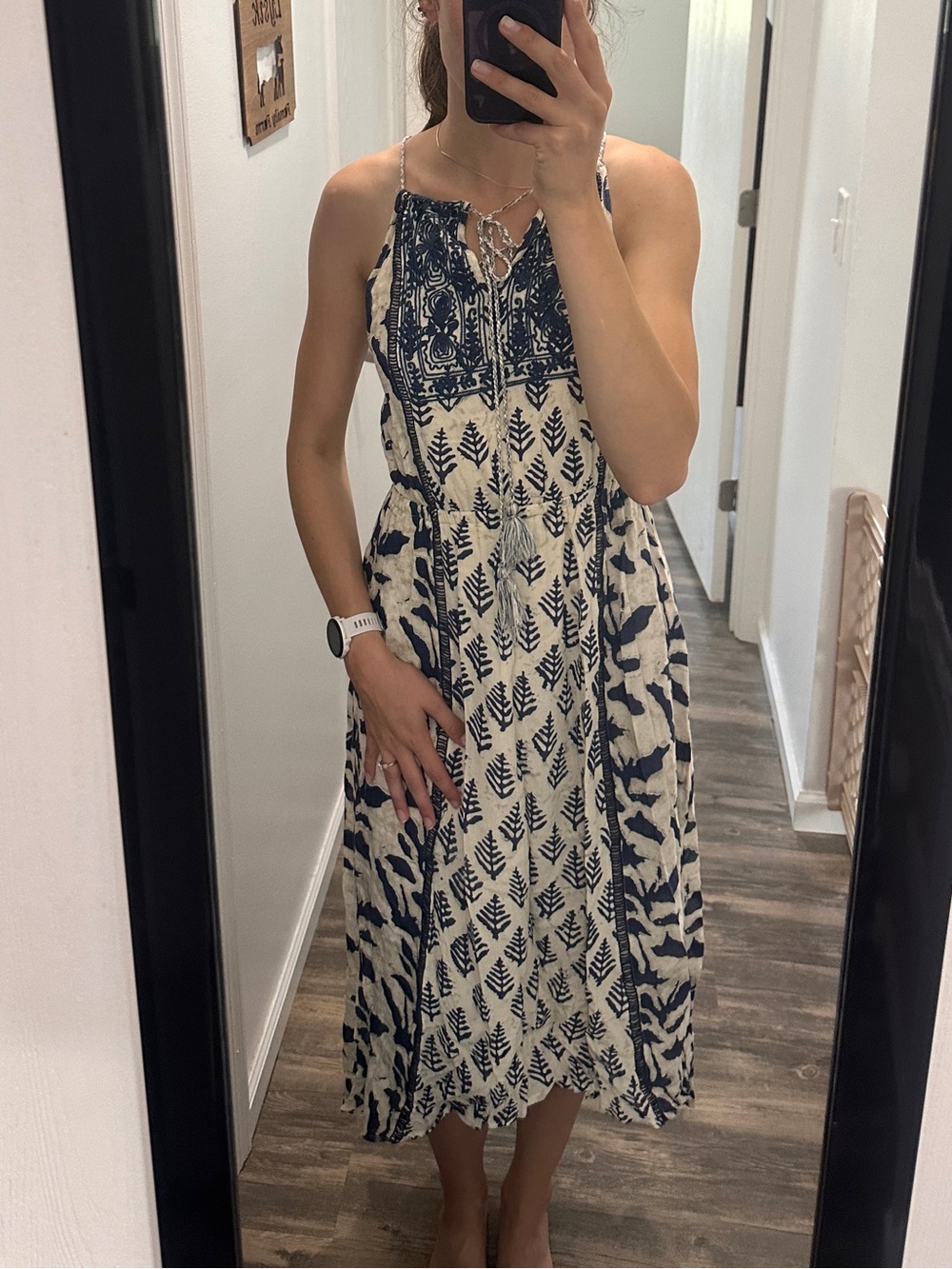 Philosophy Navy and Cream Printed Midi Dress with Spaghetti Straps